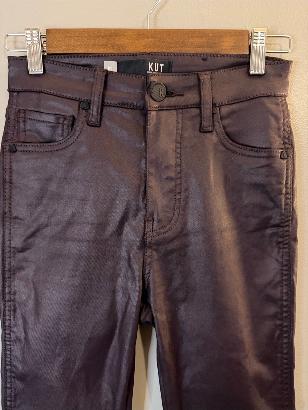 KUT From The Kloth Size 00 Brown Coated Skinny Jeans Stretch Pants - Picture 6 of 7